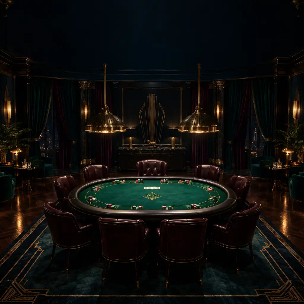 Elegancka sala pokerowa w stylu Art Deco z centralnym stołem i mosiężnymi lampami