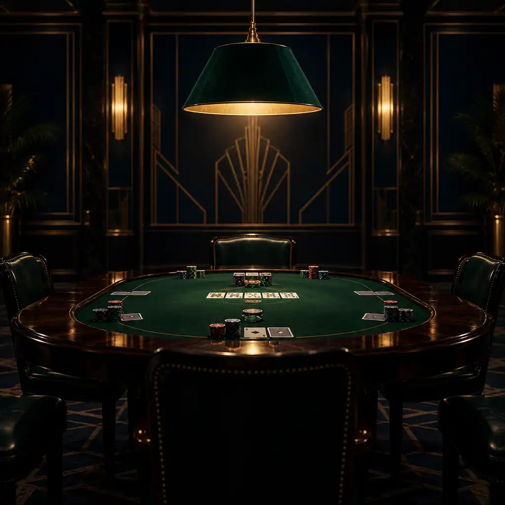 Stół pokerowy w Ogrodowej Sali pod zieloną lampą wiszącą, z kartami i żetonami