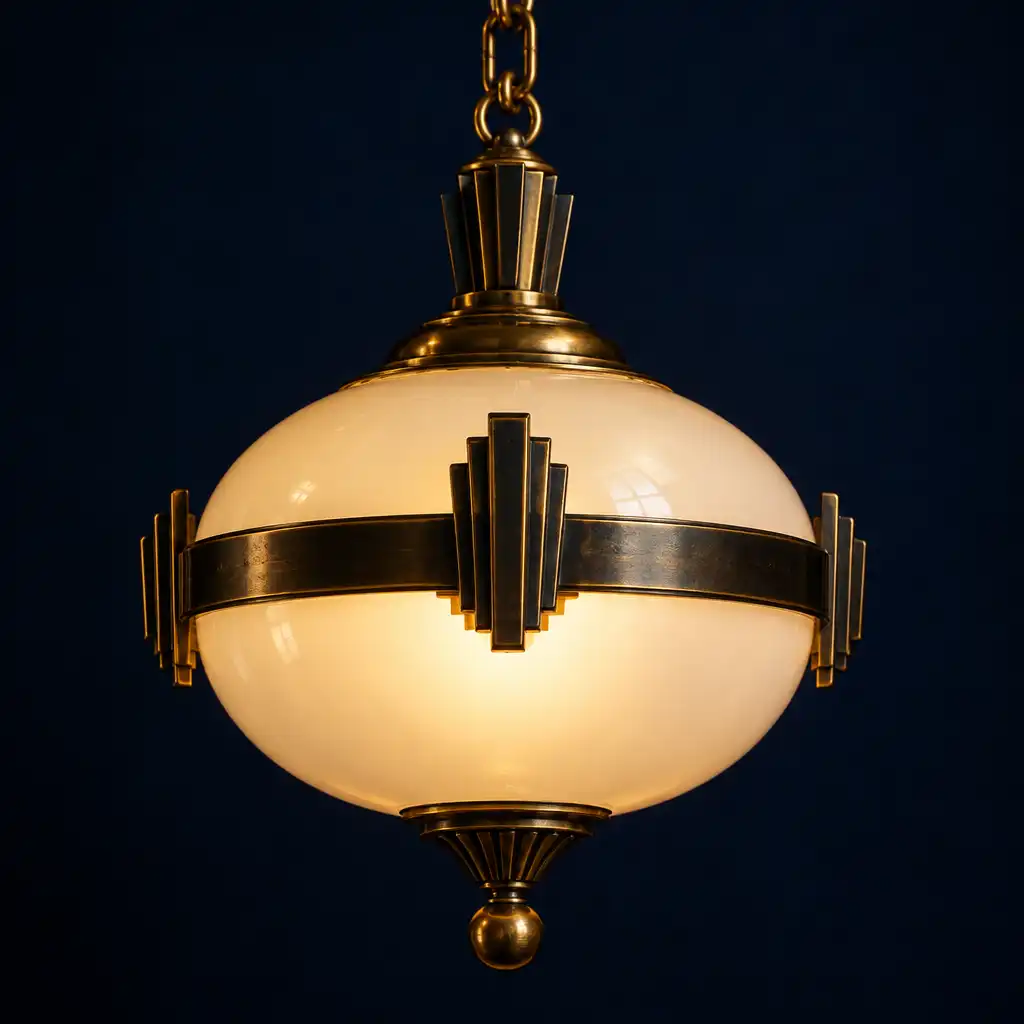 Mosiężna lampa w stylu Art Deco z półkulistym kloszem z mlecznego szkła