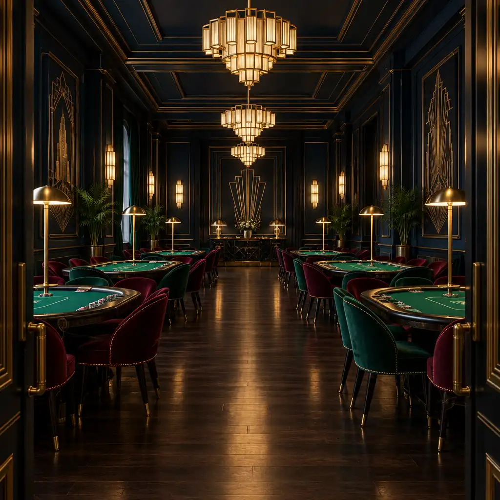 Wnętrze sali pokerowej z kilkoma stołami i graczami w stylu Art Deco