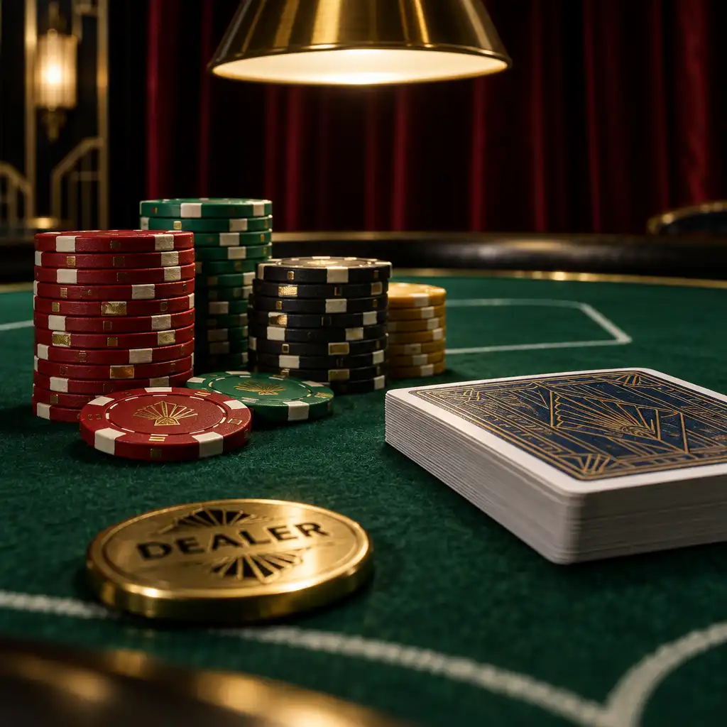 Zbliżenie na stół pokerowy z kartami i żetonami w ciepłym świetle lampy