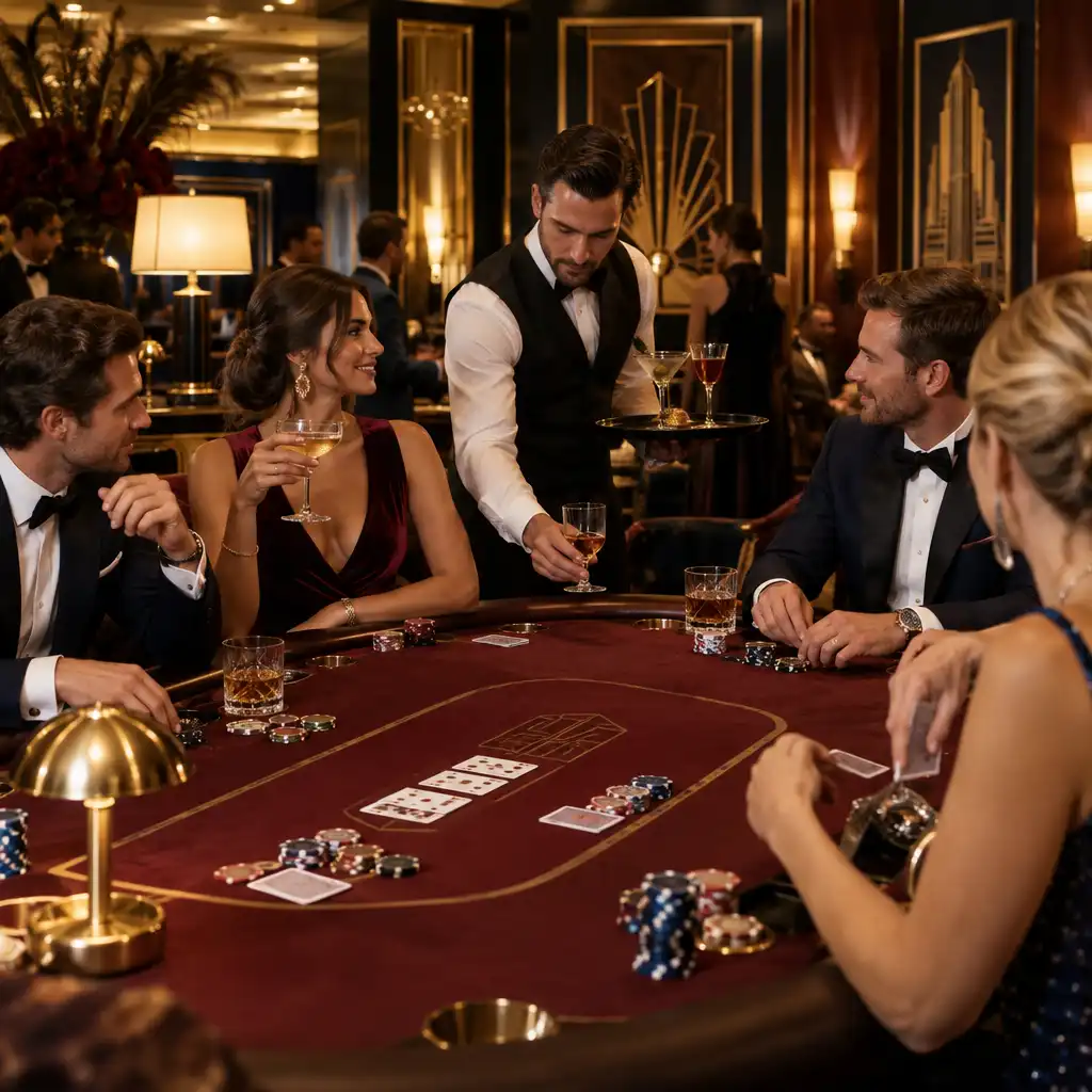 Prywatne wydarzenie w sali z gośćmi przy stole pokerowym i kelnerem podającym drinki