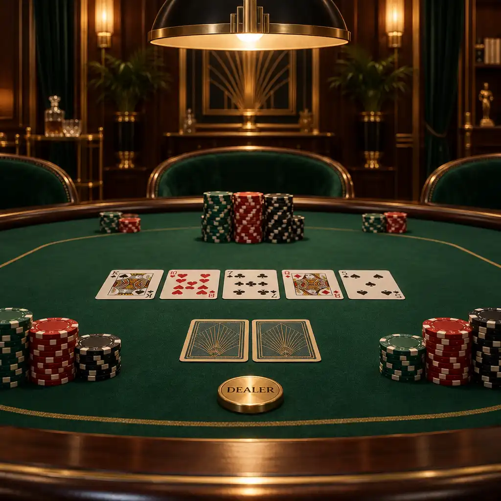 Stół pokerowy z zielonym suknem, prawdziwymi kartami i żetonami w Art Deco salonie