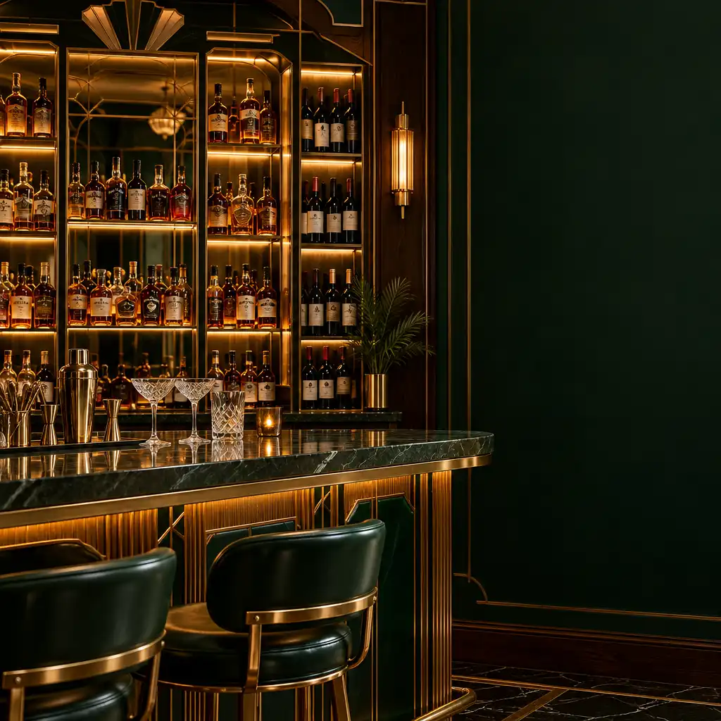 Bar w restauracji Ogrodowa Sala z półkami pełnymi butelek whisky i wina, podświetlonymi ciepłym światłem