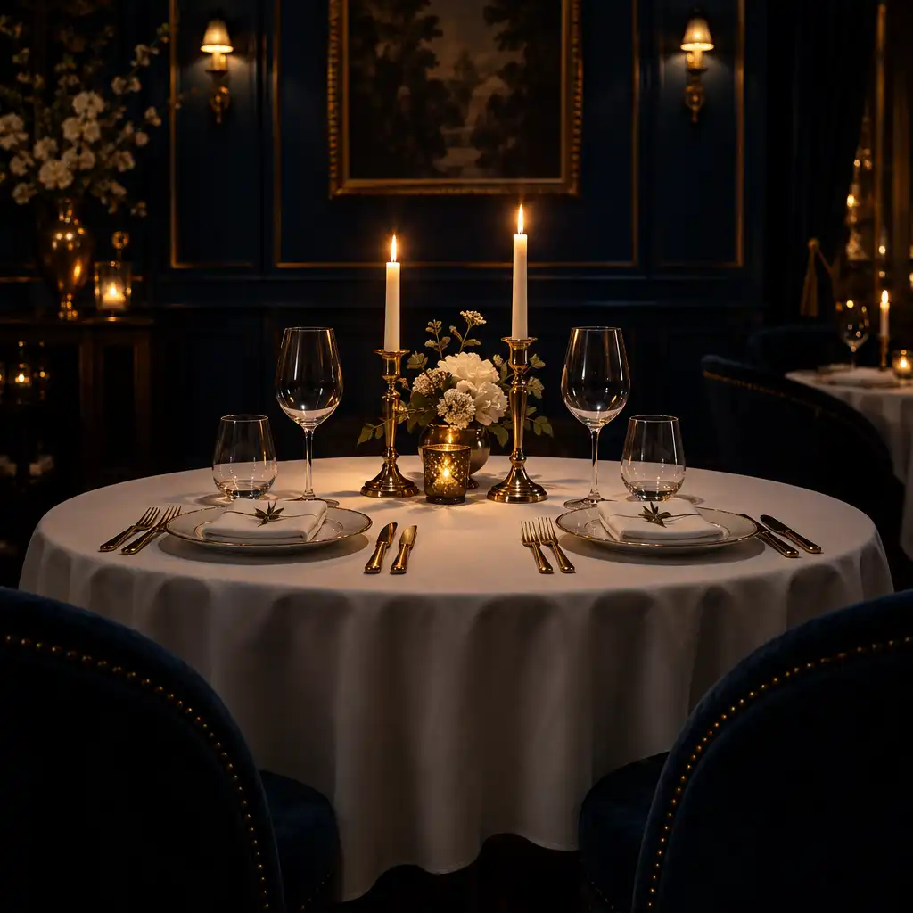 Elegancki stół restauracyjny nakryty białym obrusem z kieliszkami, sztućcami i świecami w mosiężnych świecznikach