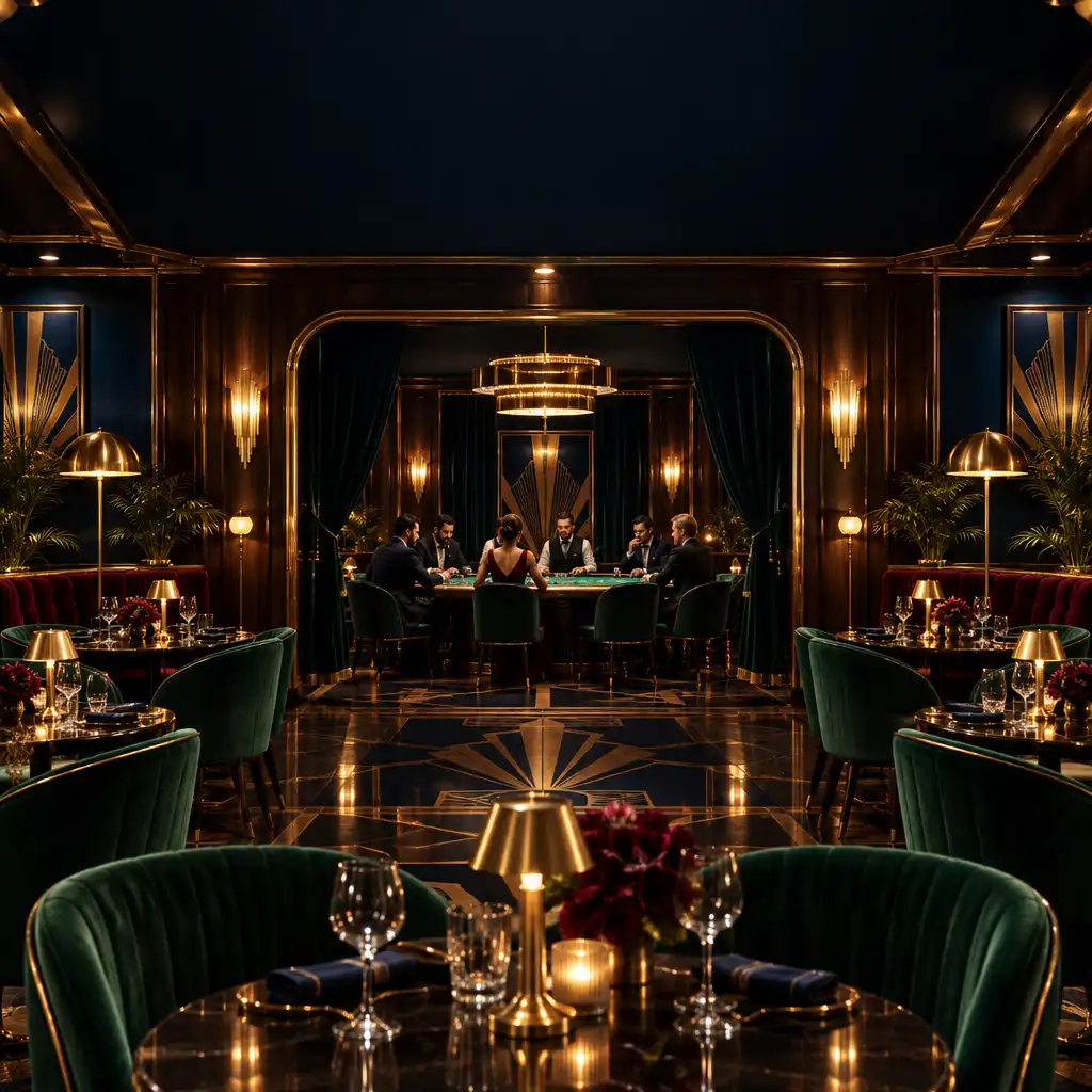 Eleganckie wnętrze restauracji Ogrodowa Sala w stylu Art Deco, z ciemnymi panelami, aksamitnymi krzesłami i stołem pokerowym w tle