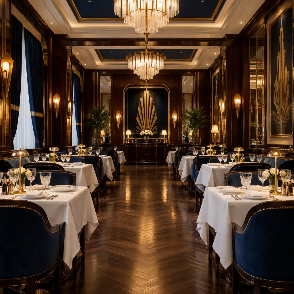 Elegancka restauracja w stylu Art Deco z nakrytymi stołami i ciepłym oświetleniem