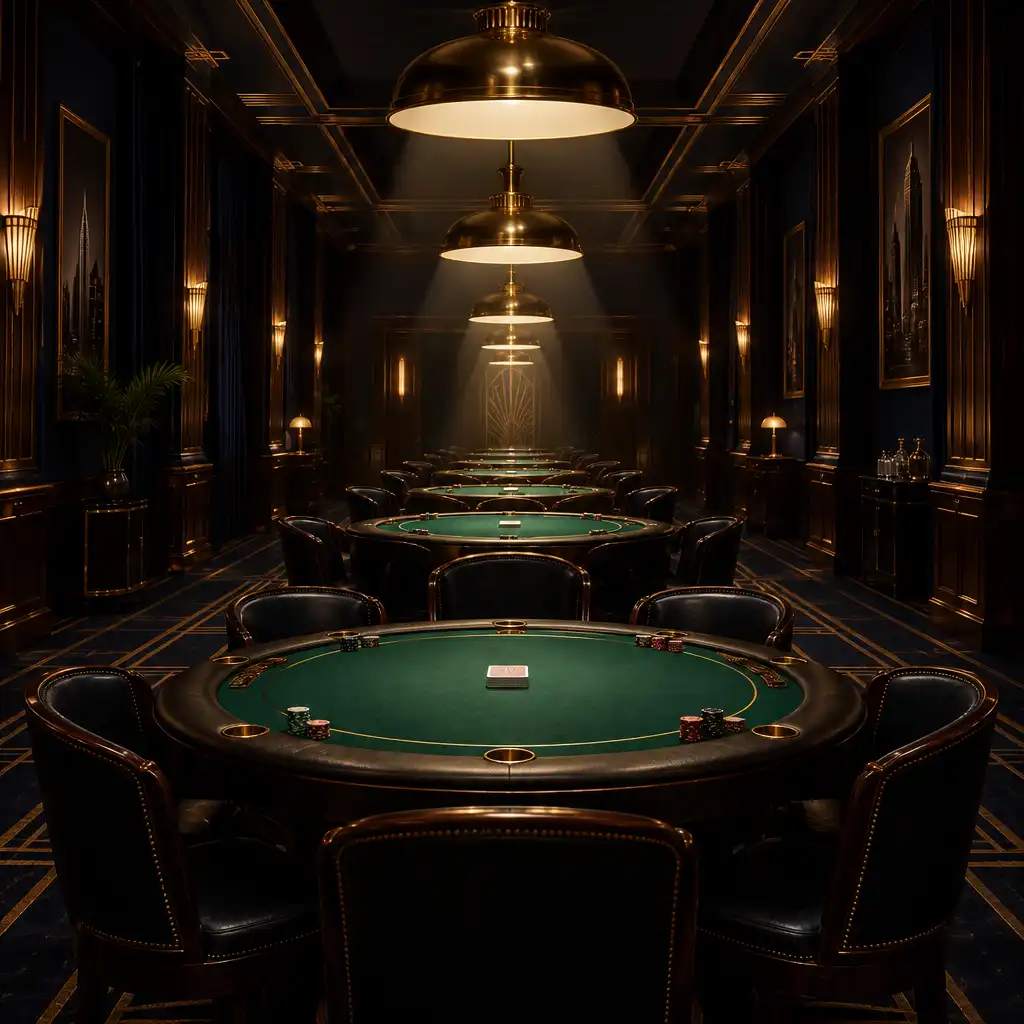 Szerokie, symetryczne ujęcie sali pokerowej z rzędem stołów pod mosiężnymi lampami, ciemną boazerią i zielonym filcem
