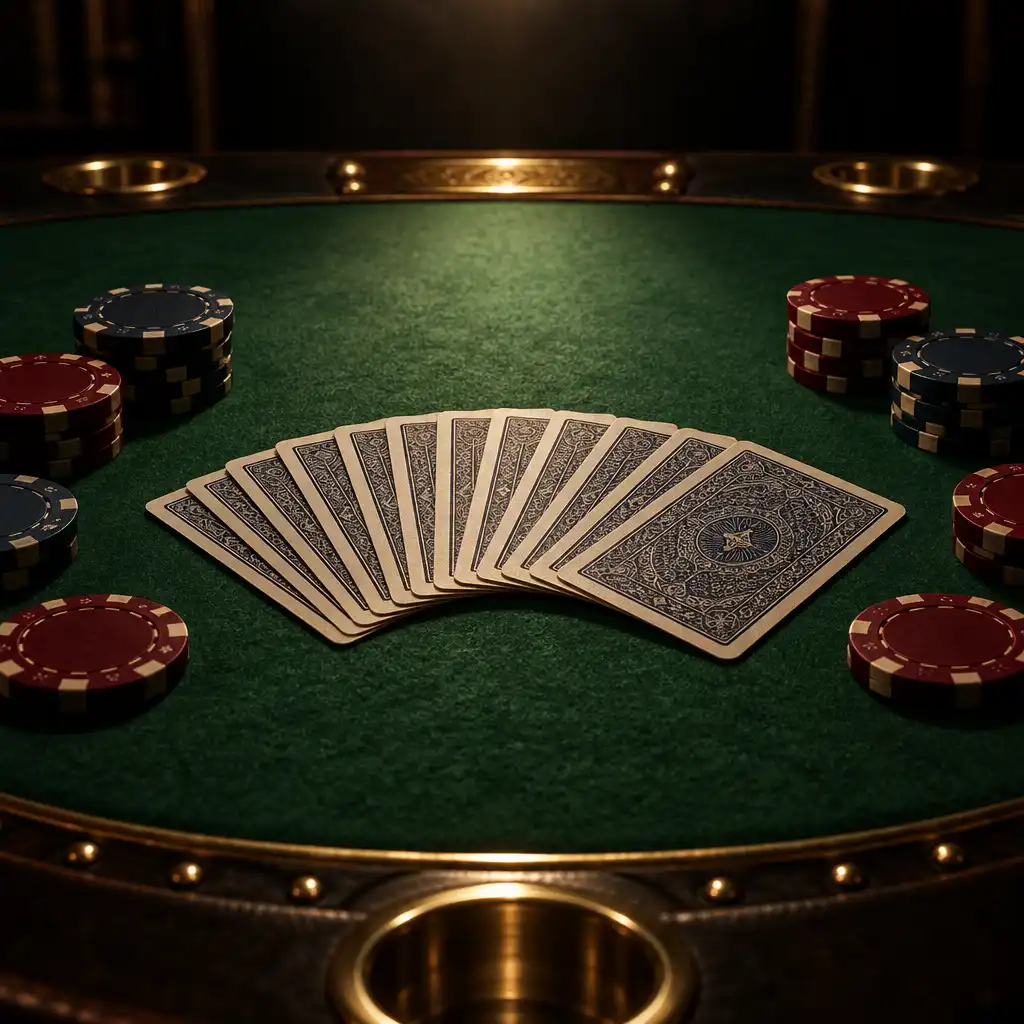 Zbliżenie na blat stołu pokerowego z zielonym filcem, rozłożonymi kartami i żetonami