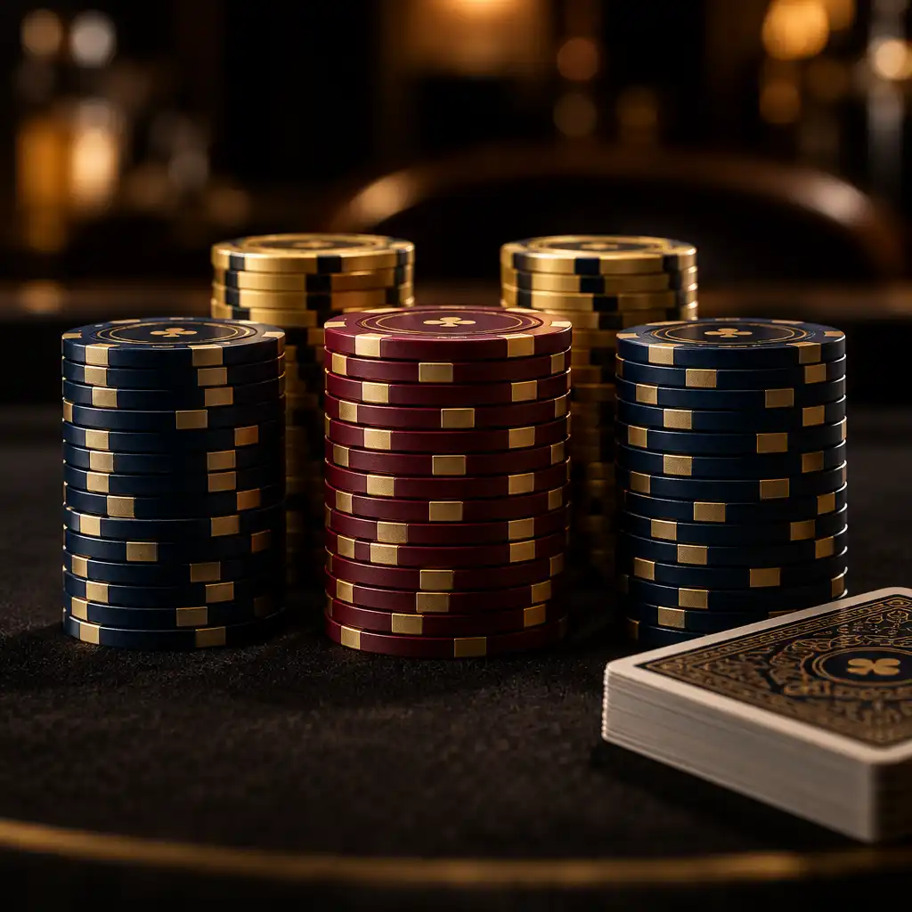 Zbliżenie na stosy żetonów pokerowych w kolorach granatu, burgunda i złota obok talii kart