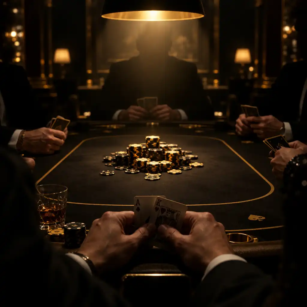 Kadr zza pleców graczy przy stole pokerowym, dłonie nad kartami i żetony na środku stołu