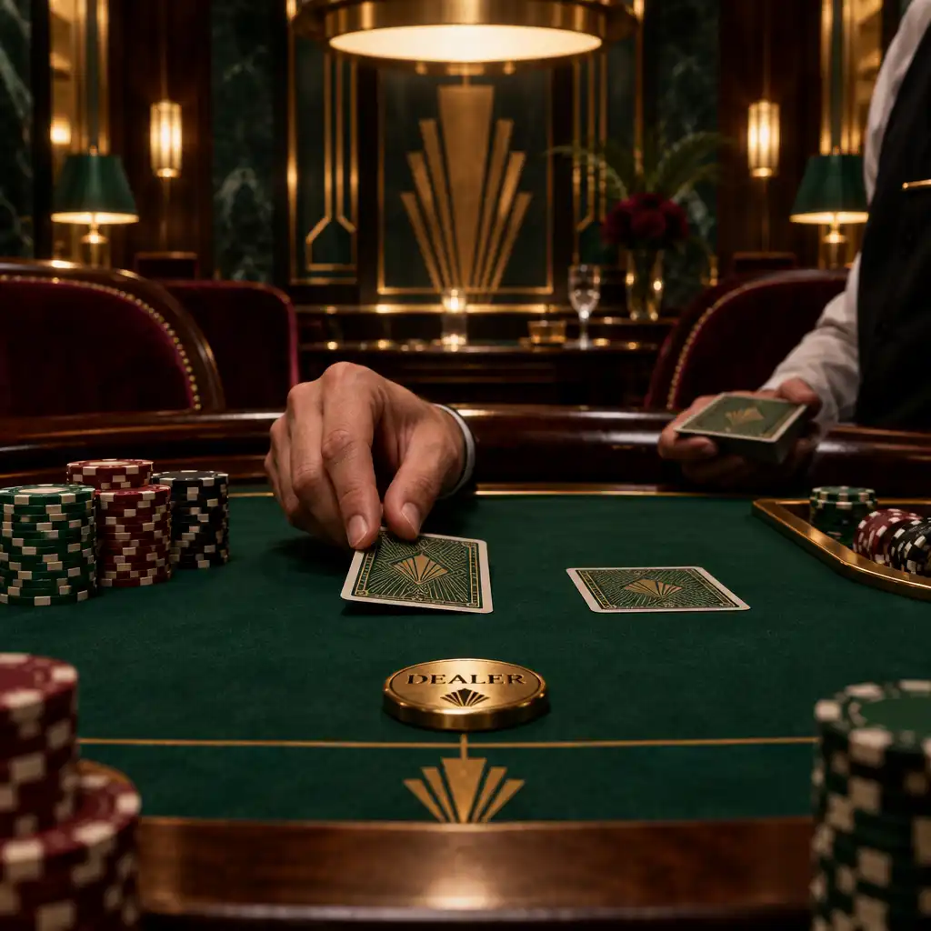 Zbliżenie na stół pokerowy z kartami i żetonami w eleganckim Art Deco wnętrzu