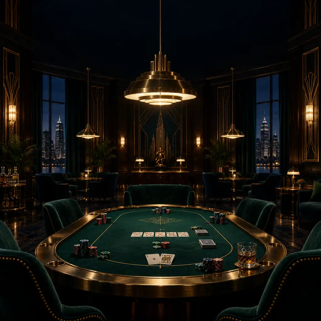 Stół pokerowy w sali Art Deco z zielonym suknem, kartami i żetonami, oświetlony ciepłymi lampami