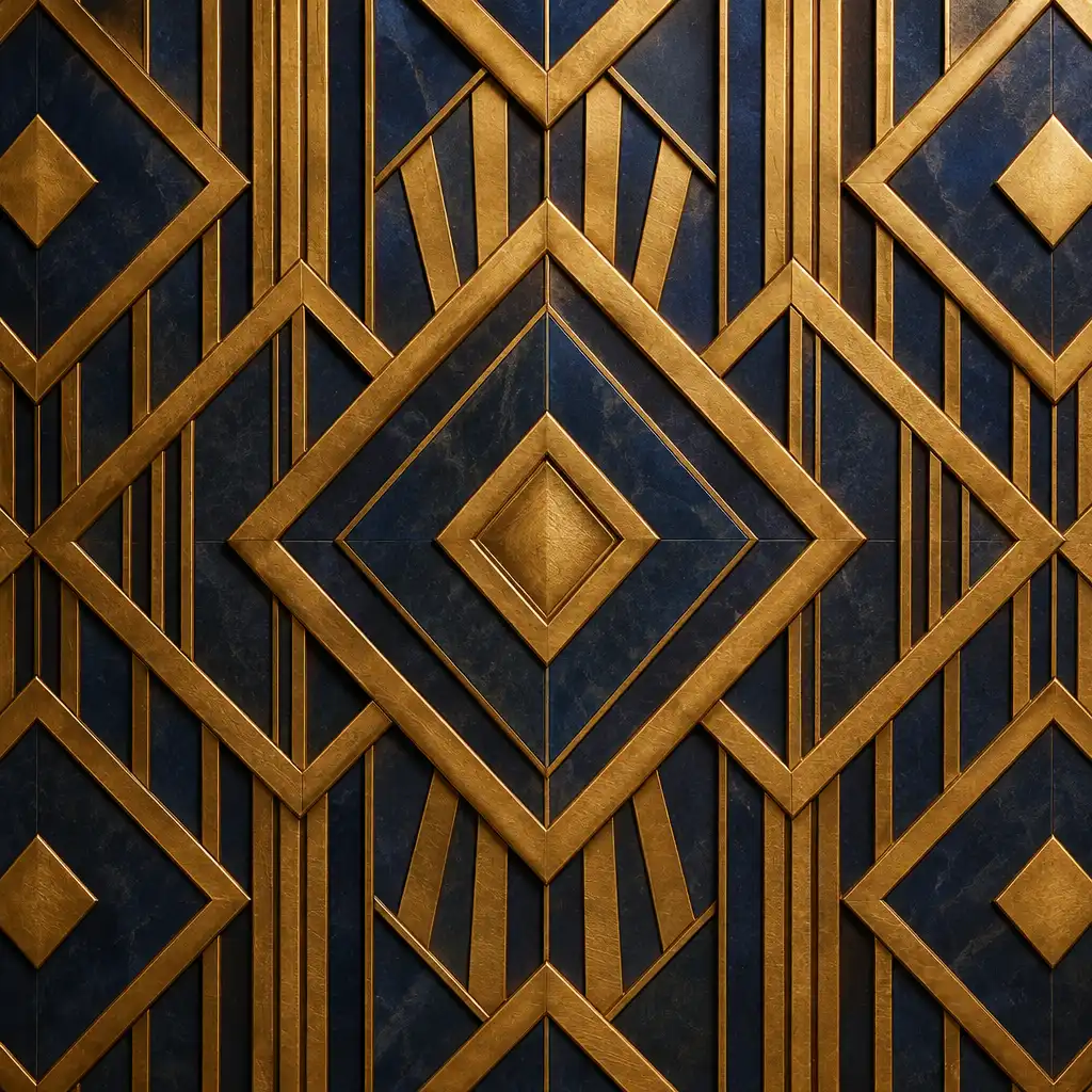 Geometryczny wzór Art Deco z powtarzającymi się rombami i liniami w kolorach złota i granatu